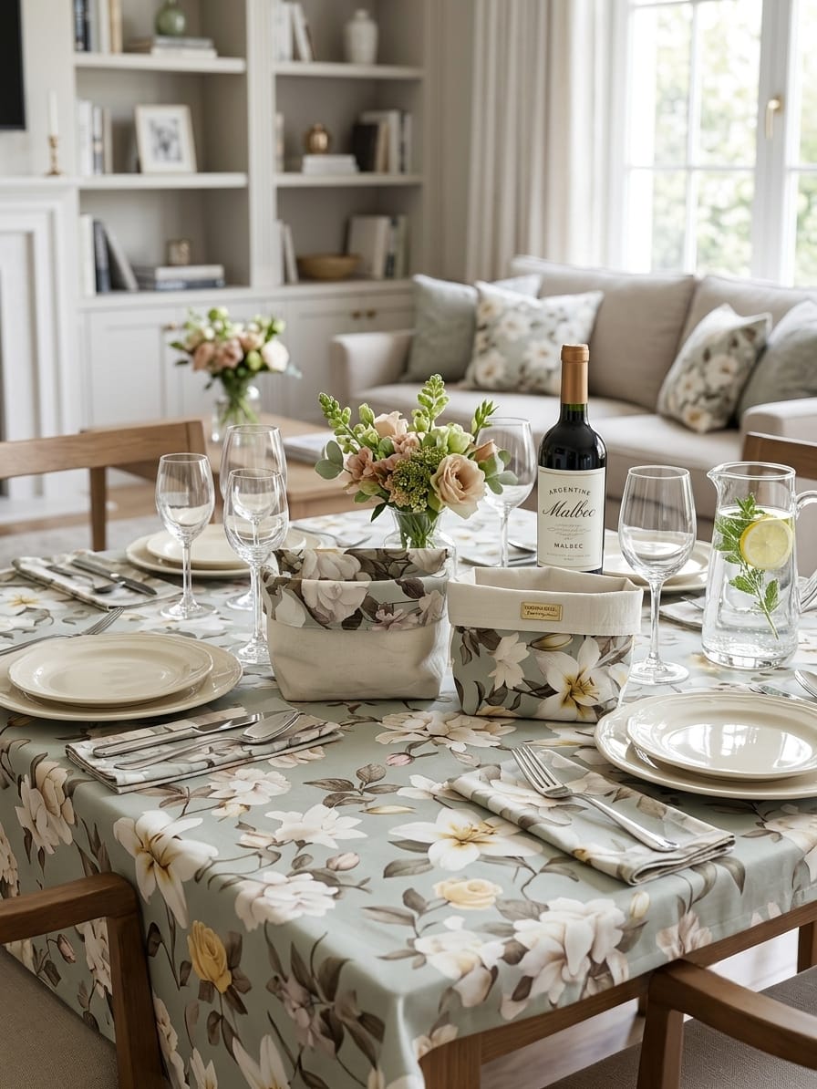 Mesa elegante con mantel flores blancas