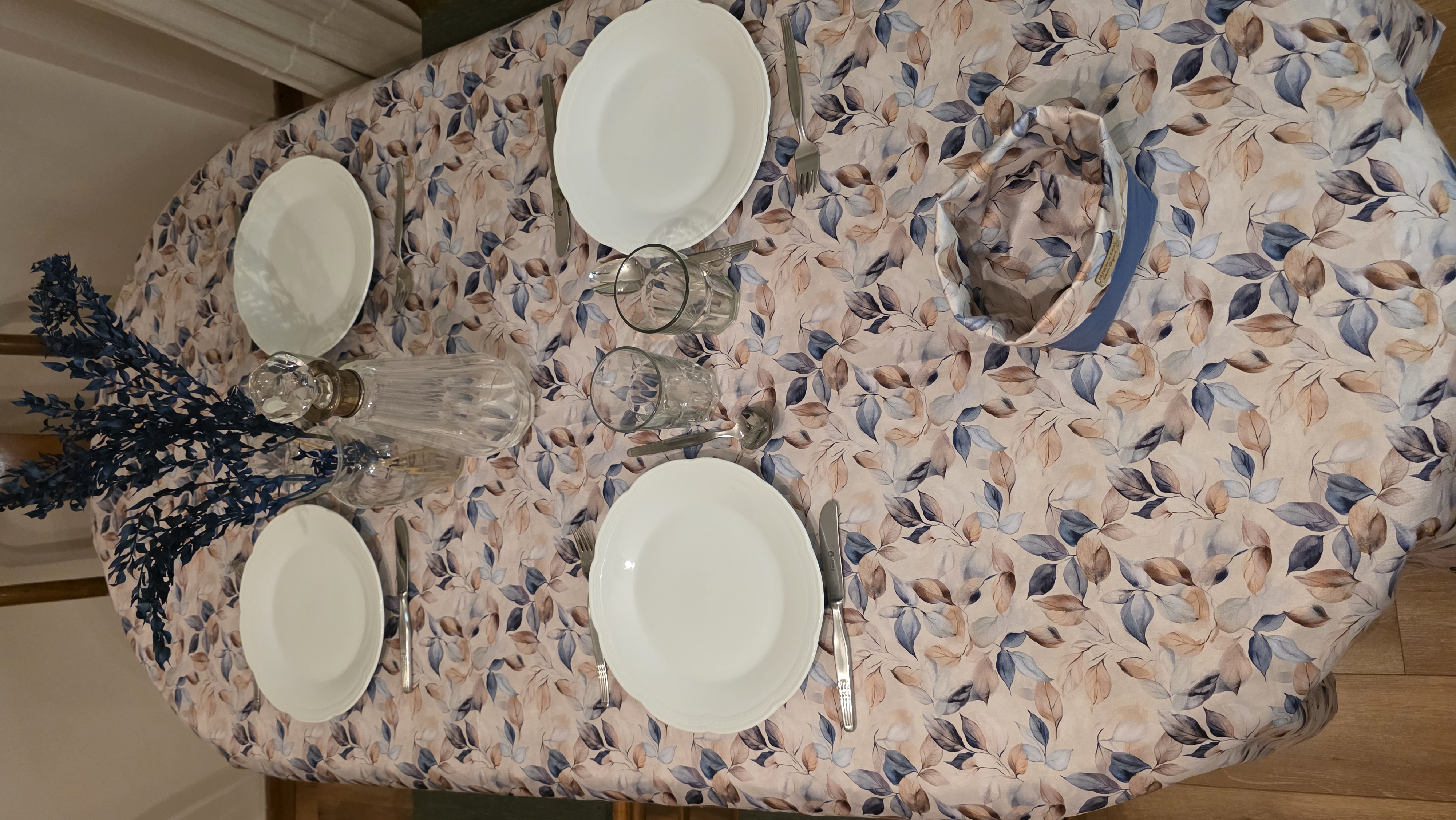 Mantel Hojas Azul Beige vista superior